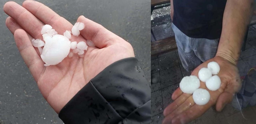 Beide Fotos stammen aus Hoheneich bei Gmünd, wo teils walnussgroße Hagelkörner vom Himmel fielen.