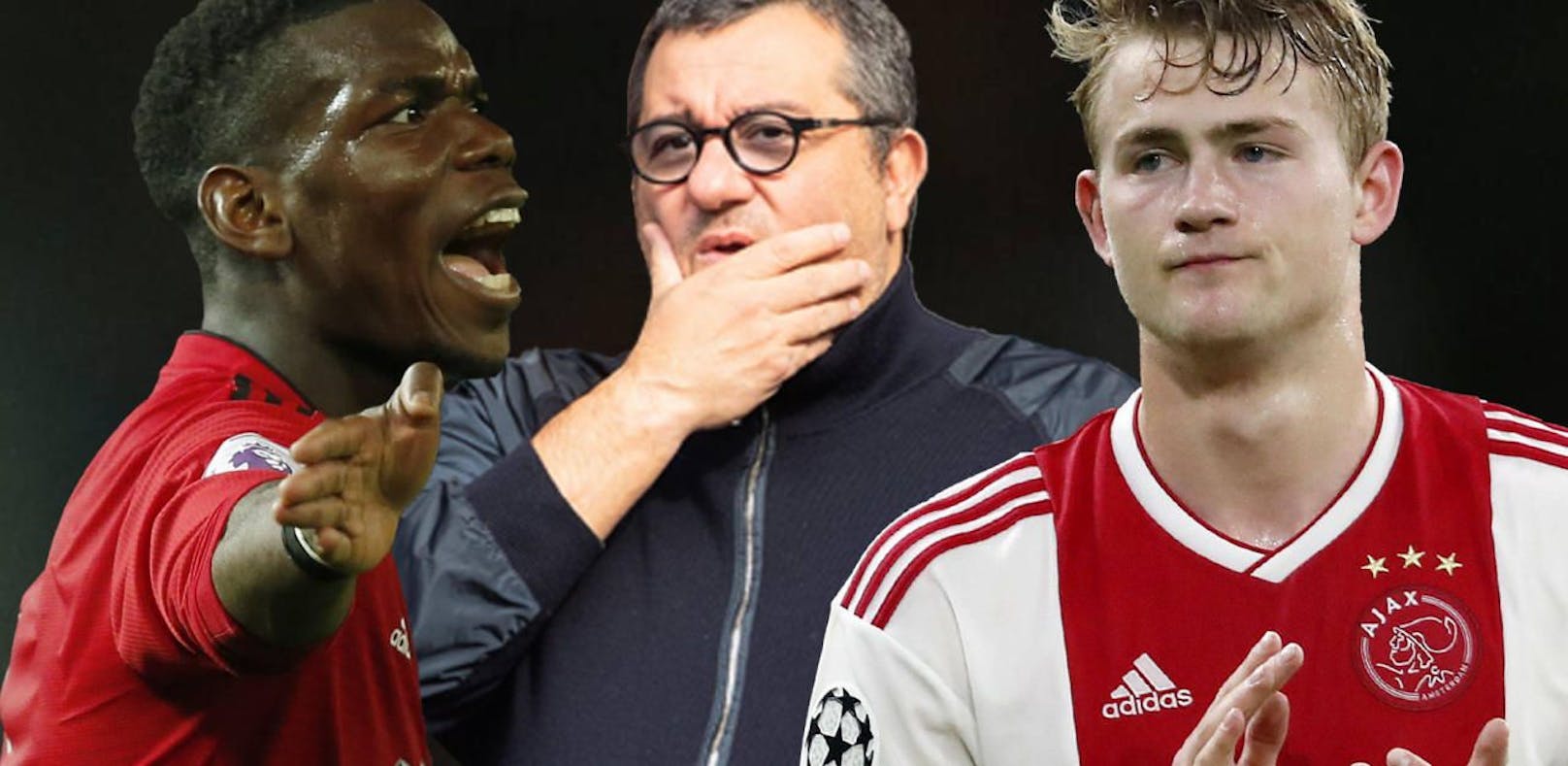 Agent Mino Raiola (Mitte) mit Paul Pogba von Manchester United und Matthijs de Ligt von Ajax Amsterdam.