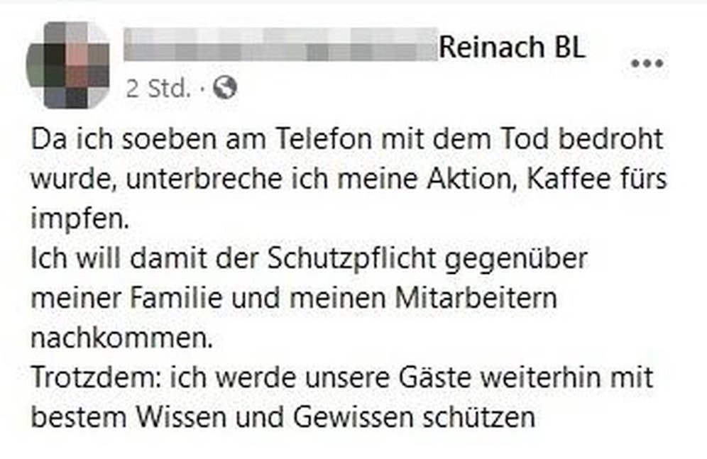 Der Wirt eines Reinacher Restaurants wollte Geimpften einen Kaffee offerieren. Dafür erntete er gehässige Reaktionen und wurde gar mit dem Tod bedroht.