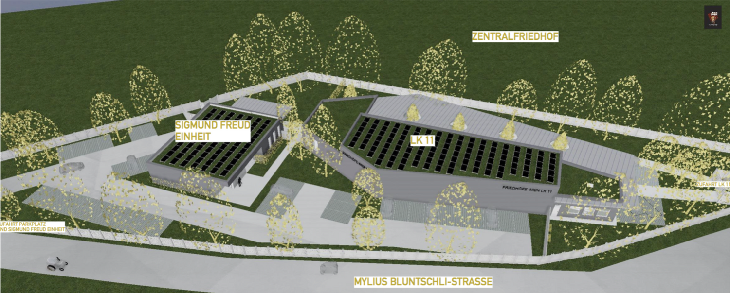 Westlich der neuen Leichenhalle (LK11) entsteht ein Obduktionsraum (Sigmund Freud-Einheit) für Körperspender.