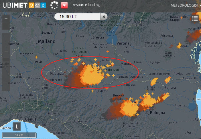 Die Blitzanalyse um 15:30 Uhr mit der Superzelle nordwestlich von Parma.