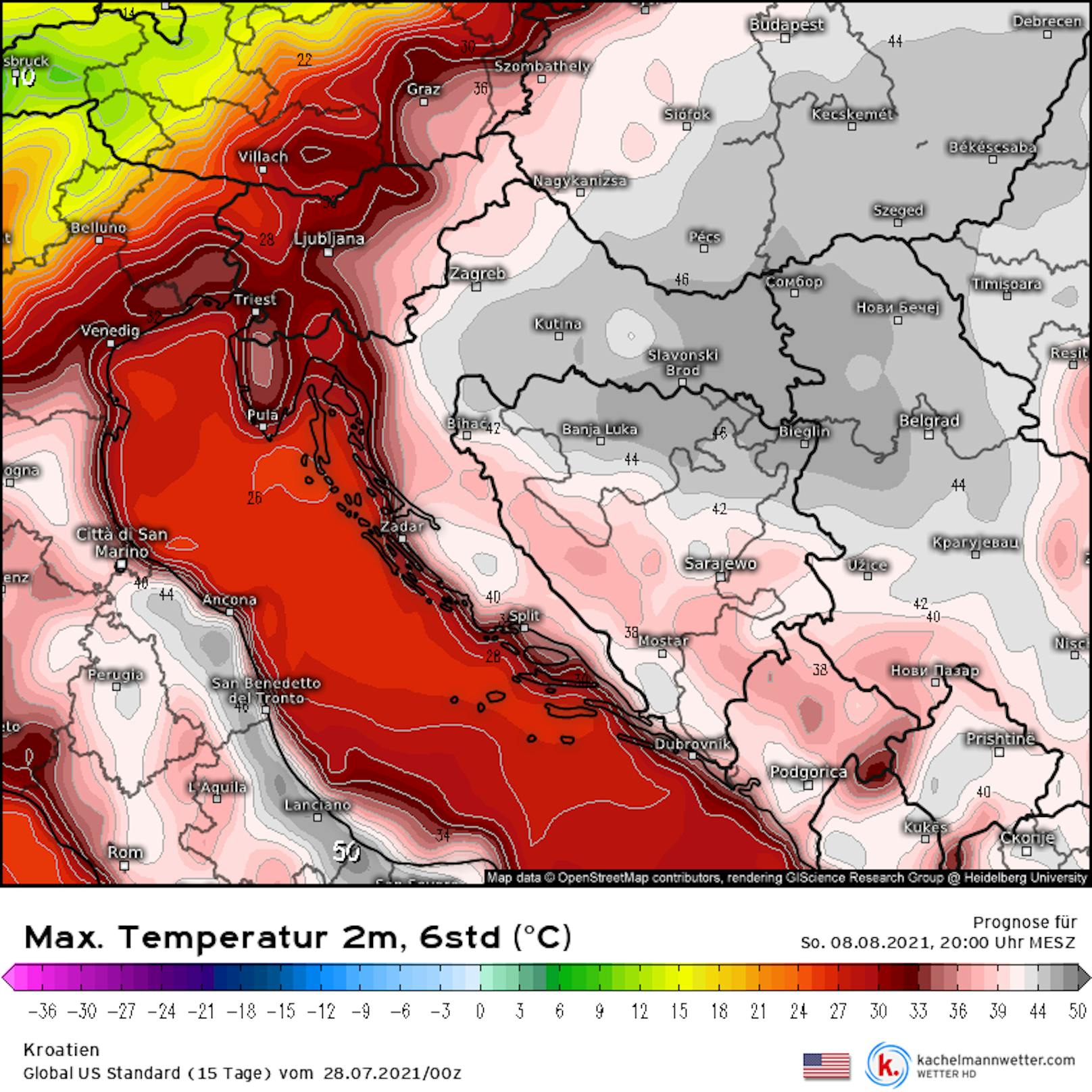 Auch der Balkan wird unter der Hitze ächzen: Besonders im Dreiländereck Kroatien, Serbien und Bosnien-Herzegowina soll sich die Luft auf bis zu 48 Grad aufheizen.
