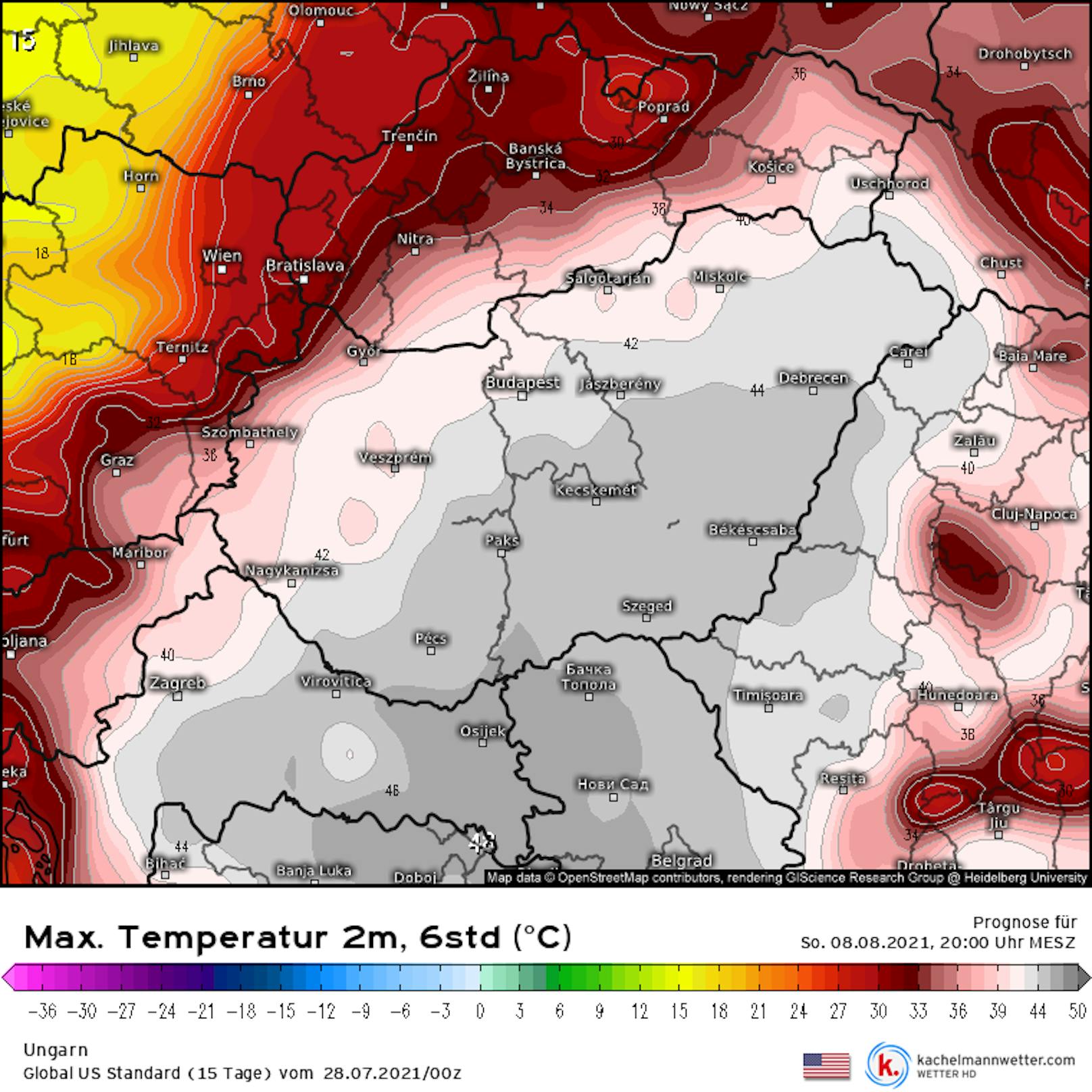 Die Hitzezone erstreckt sich auch in die ungarische Tiefebene. Bis Budapest ist mit Temperaturen jenseits der 40 Grad zu rechnen.