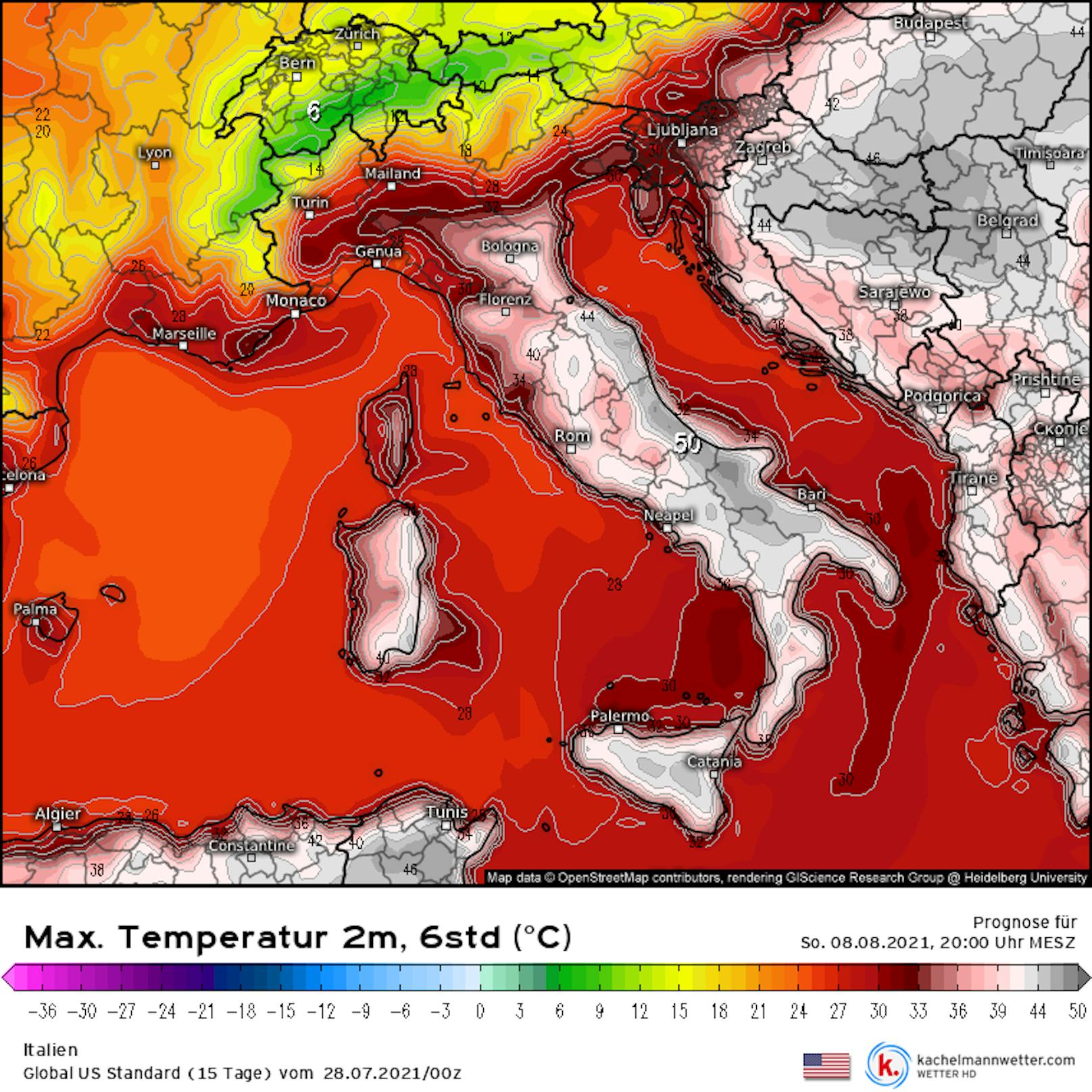 Die Prognose ist düster: das US-Wettermodell sagt für 8. August 2021 eine extreme Hitze in Italien und am Balkan voraus.