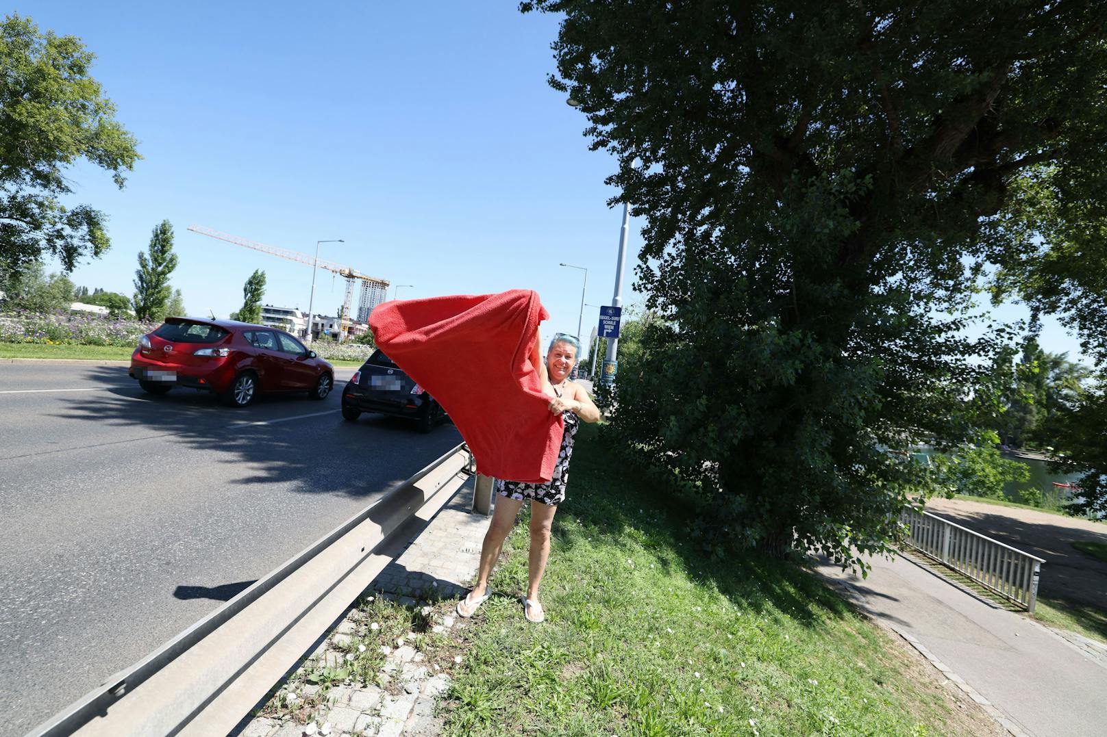 Mit einem roten Handtuch macht Marianne Kukla Autofahrer auf die Schwäne aufmerksam, wenn sich die Tiere auf der Fahrbahn befinden.