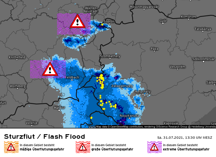 Wegen der bereits starken Regenfälle am Freitag warnt Kachelmannwetter nun vor "extremer Überflutungsgefahr" im Raum Graz und im südlichen Niederösterreich.