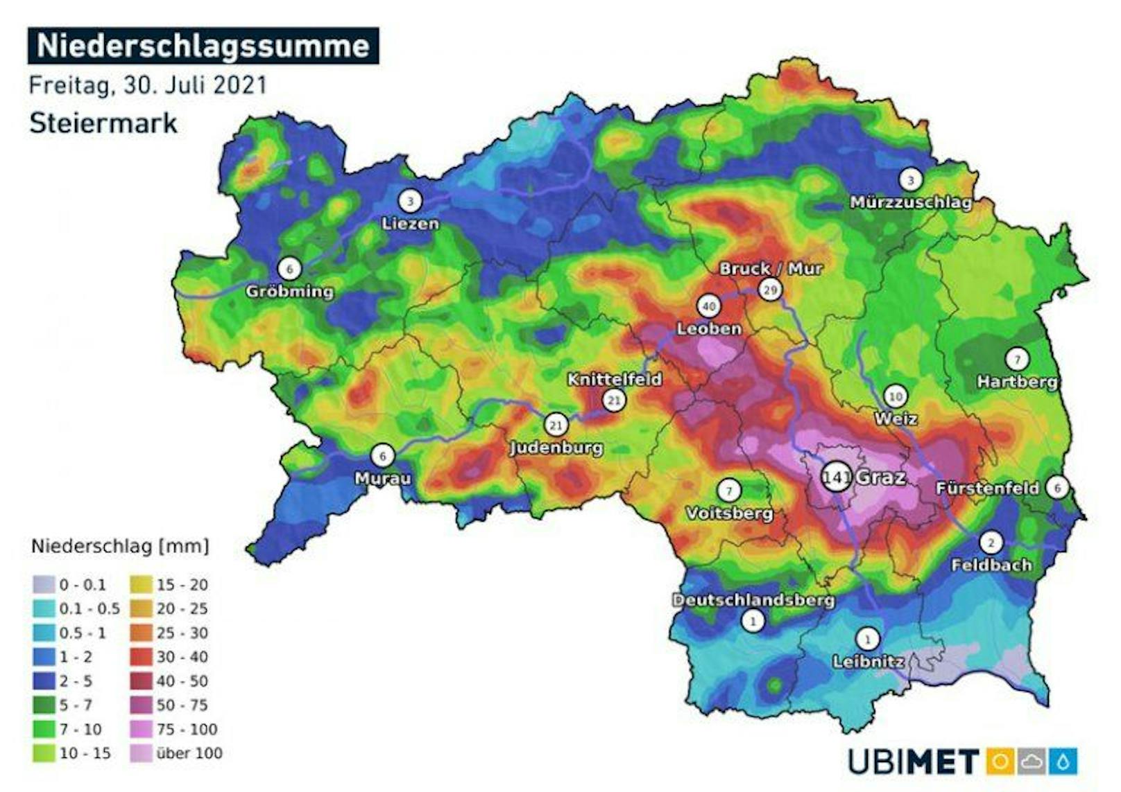 Analyse der Gesamtniederschlagsmenge am Freitag, 30. Juli 2021, in der Steiermark.