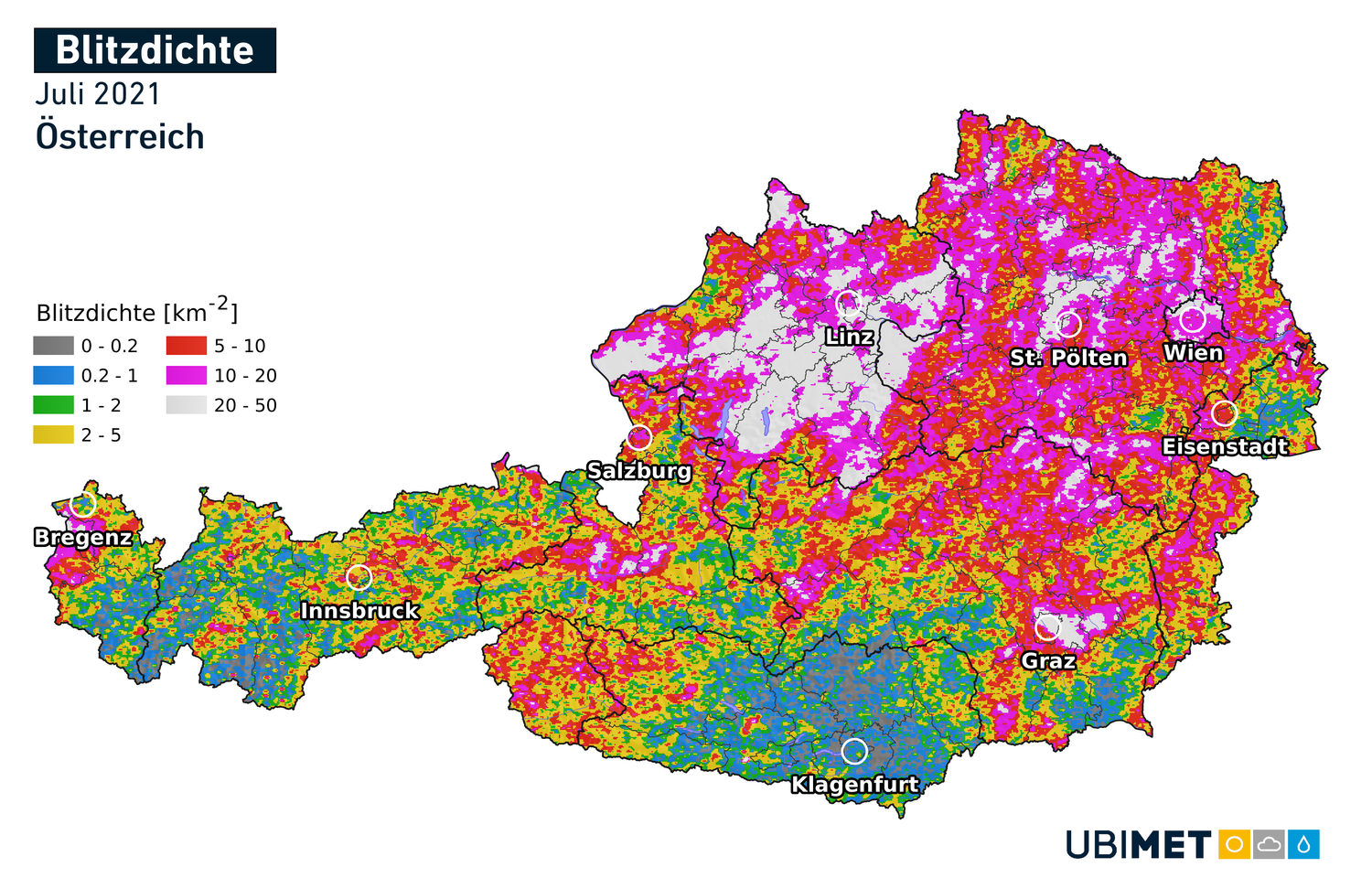 Blitzdichte in Österreich im Juli 2021