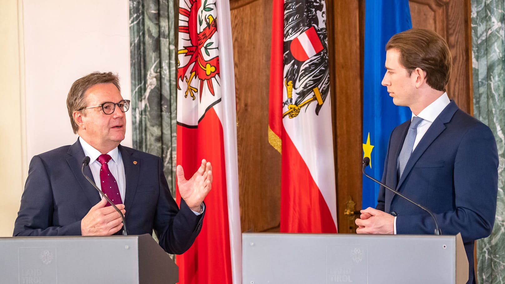Nach der Ischgl-Kommission sieht jetzt auch ÖVP-Landeshauptmann <strong>Günther Platter</strong> (Links) Bundeskanzler <strong>Sebastian Kurz</strong> als Auslöser für das Ischgl-Chaos.
