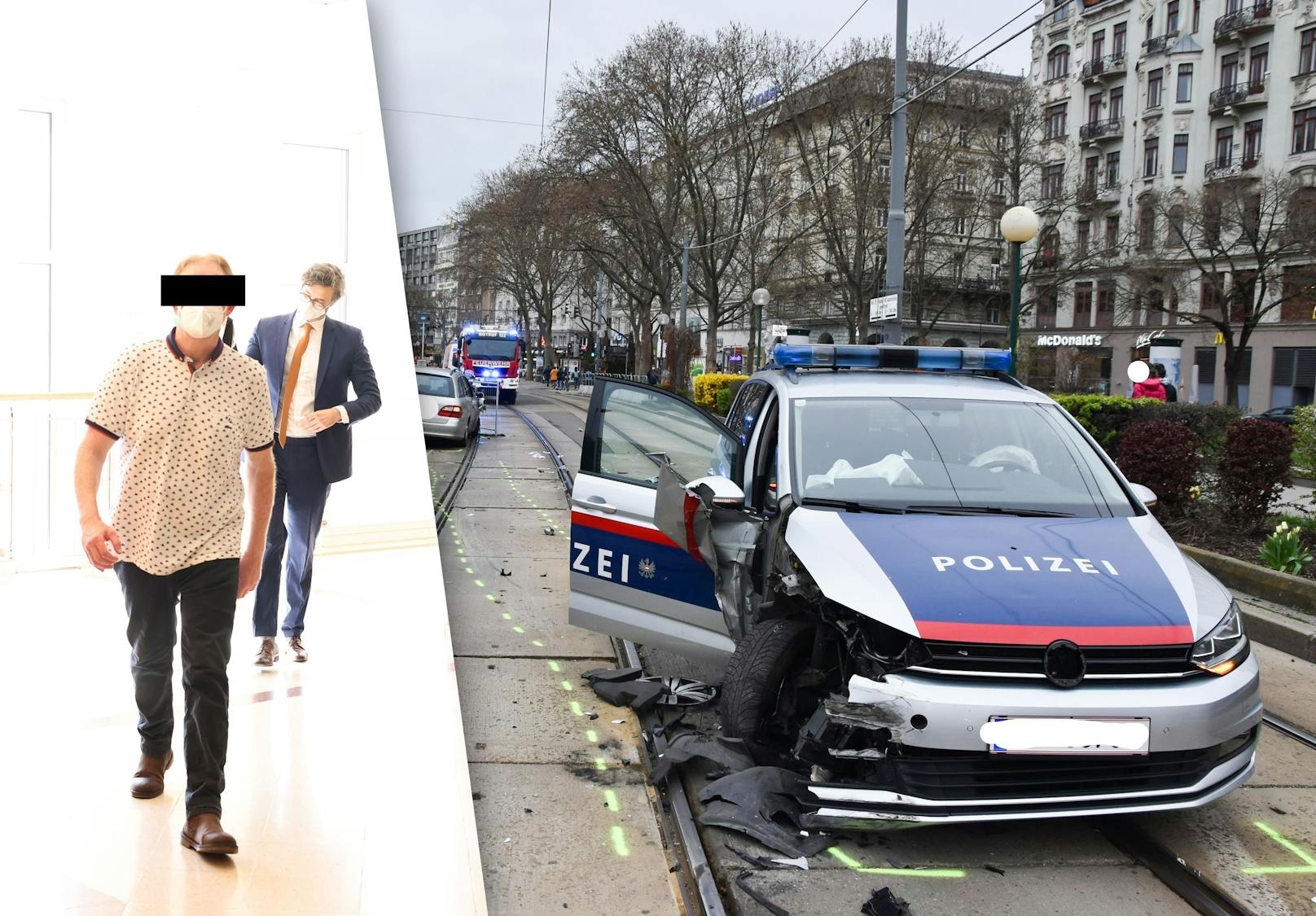 Der Brite vor Gericht, das beschädigte Polizeiauto am Tatort Schwedenplatz
