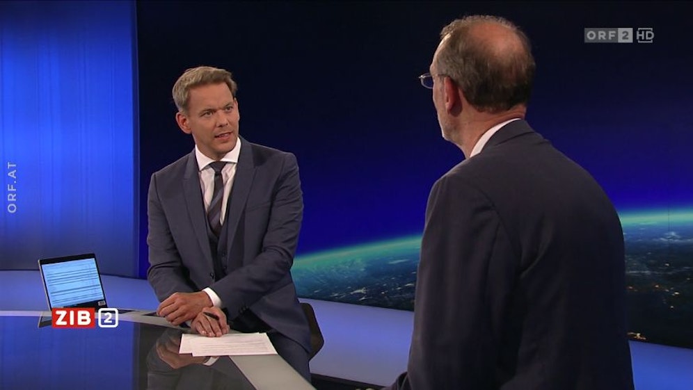 Bildungsminister Heinz Faßmann in der ZIB2 bei ORF-Moderator Martin Thür am 4. August 2021.