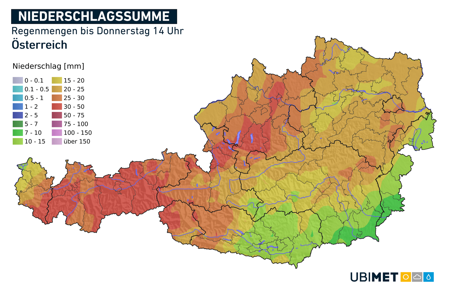 Erwartete Regenmenge bis Donnerstag 14 Uhr.