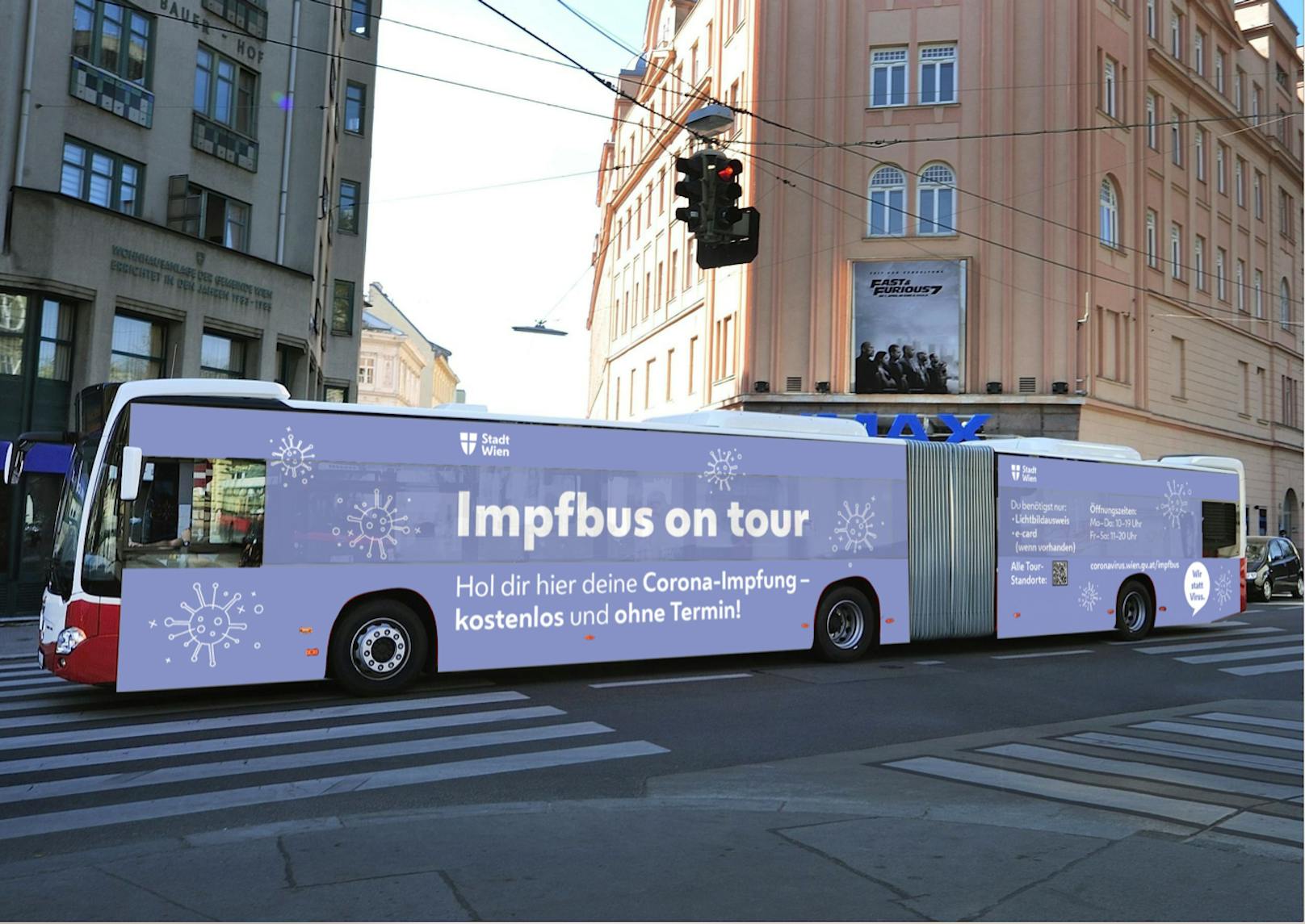 Bis September sind die – deutlich gekennzeichneten – Impfbusse in ganz Wien unterwegs.