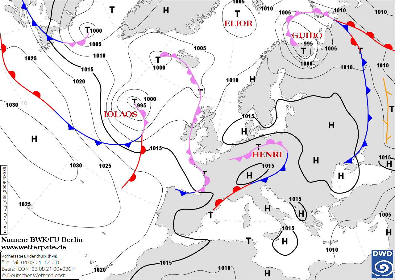 Bodenwetterkarte für Mittwoch 14 Uhr.