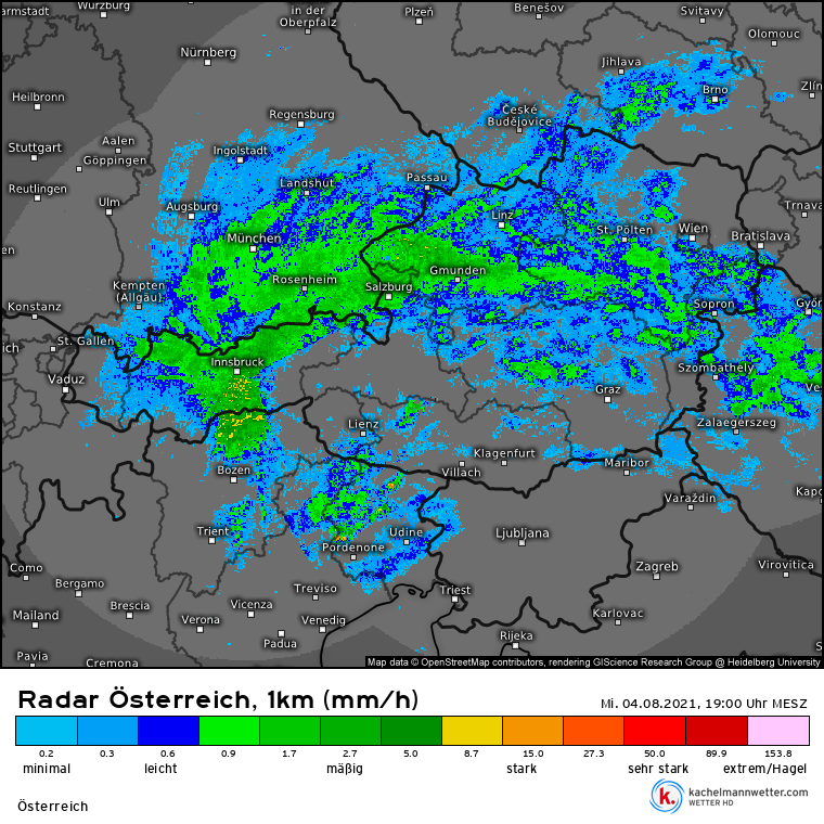 Aktuelles Regenradar am 4. August 2021, 19 Uhr.