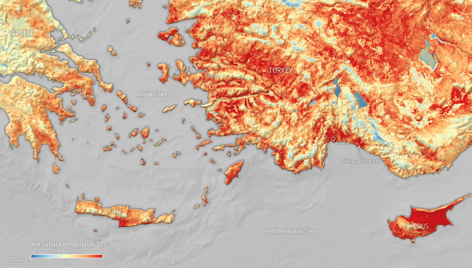 Ein Satellitenbild der ESA zeigt Höllen-Temperaturen am 2. August in Zypern.