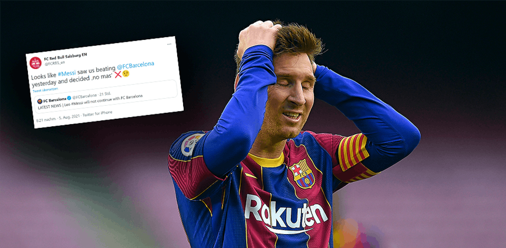 Der Tweet von Red Bull Salzburg nach dem Barcelona-Aus von Lionel Messi. 