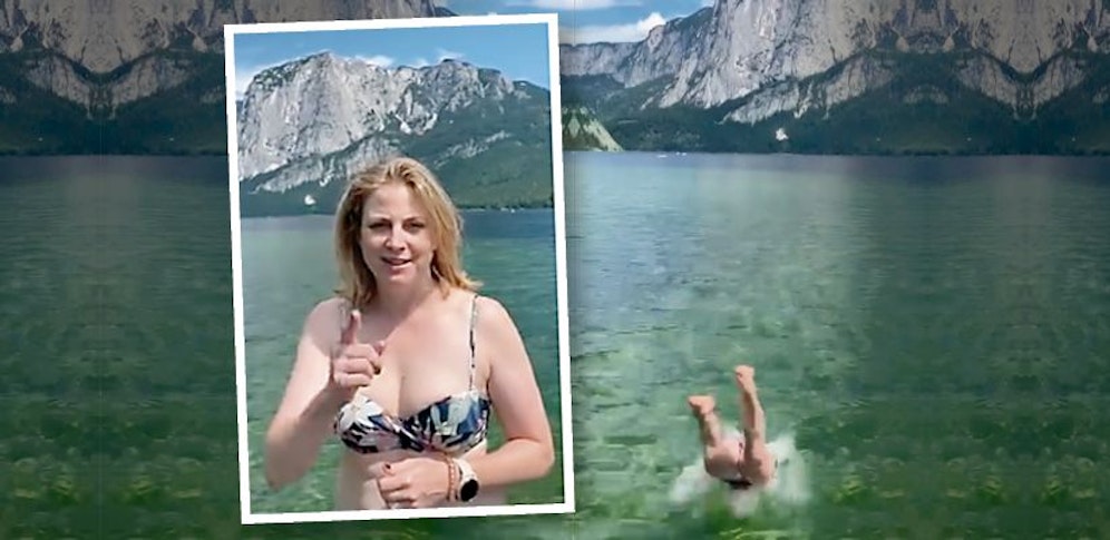 Neos-Politikerin Beate Meinl-Reisinger beim Sprung ins kalte Wasser. 