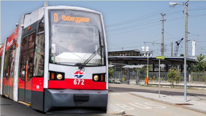 Symbolfoto einer Straßenbahn und der Schwechater Bahnhof.