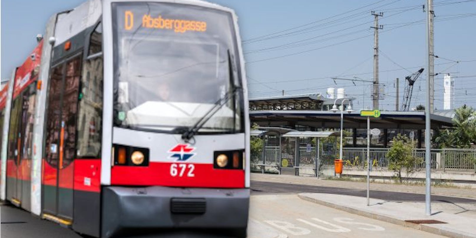 Symbolfoto einer Straßenbahn und der Schwechater Bahnhof.