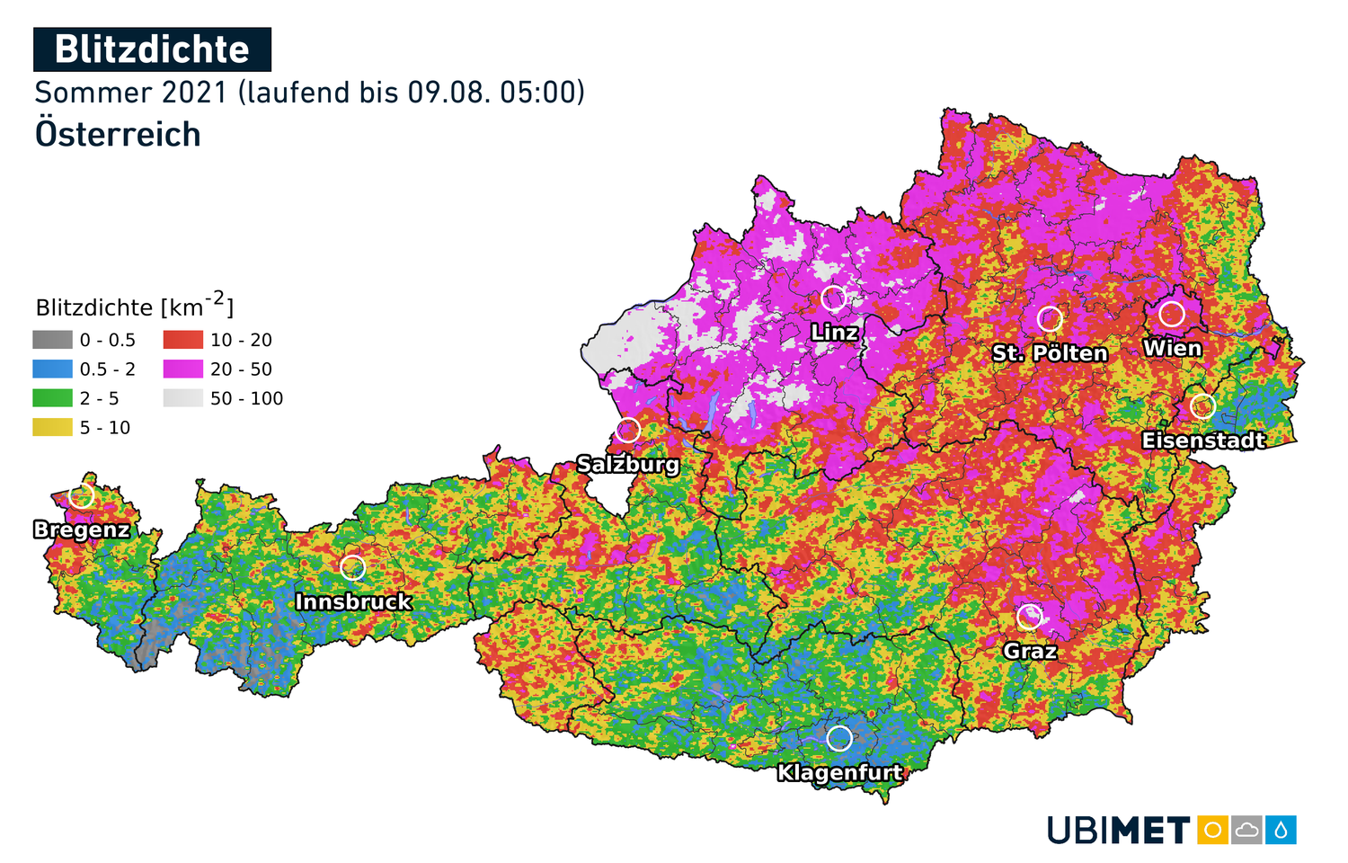 <div>Im Norden Österreichs sowie in den Voralpen in NÖ und der Steiermark blitzte es heuer bisher am meisten.<br></div>