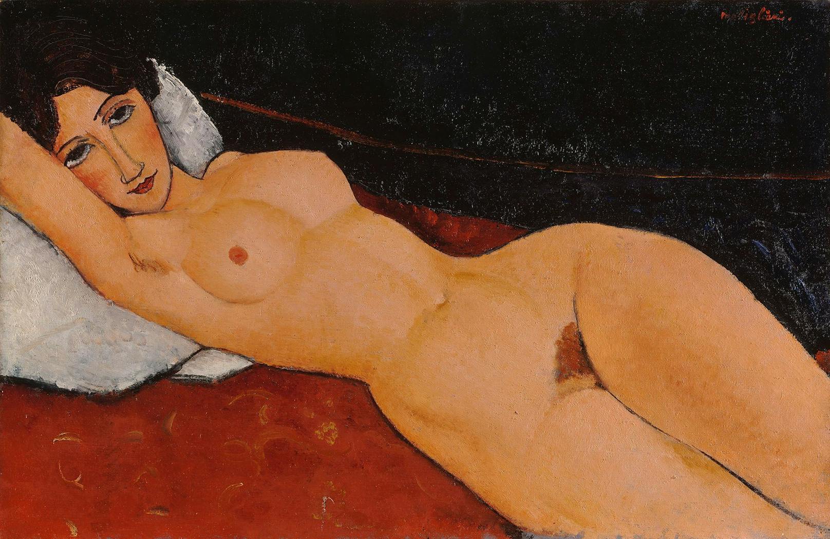 Amedeo Modigliani,&nbsp;Liegender Frauenakt auf weißem Kissen, ca. 1917,&nbsp;Öl auf Leinwand