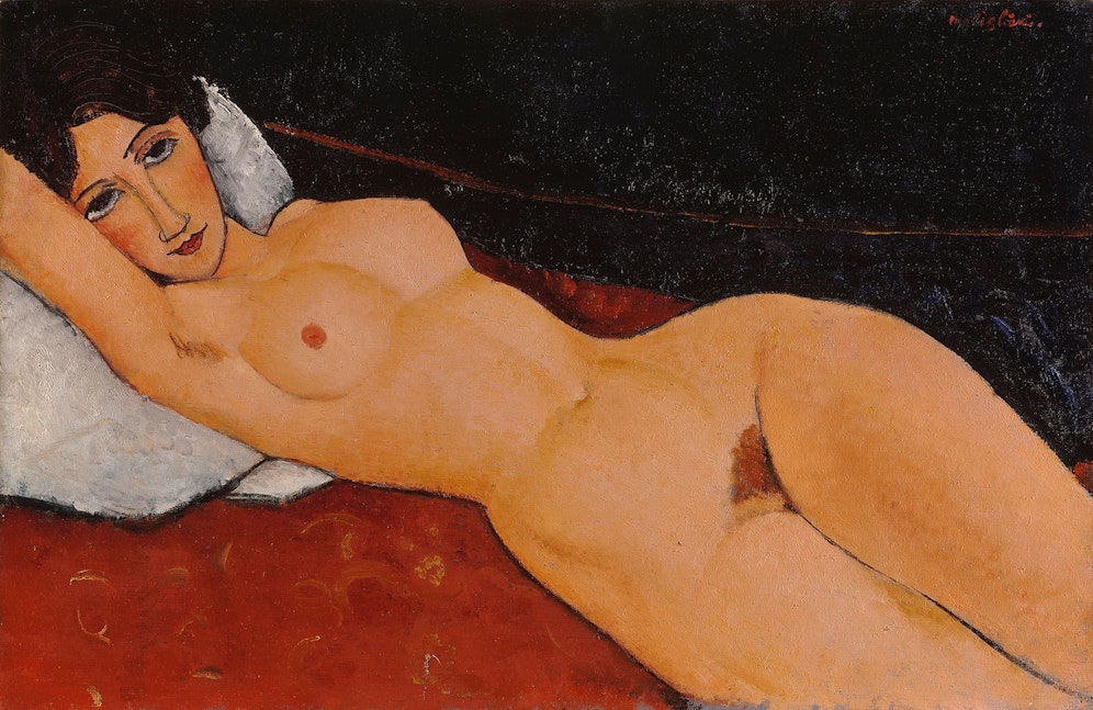 Amedeo Modigliani,&nbsp;Liegender Frauenakt auf weißem Kissen, ca. 1917,&nbsp;Öl auf Leinwand
