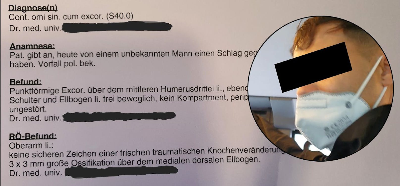 Stephanie E. wurde von einem Fremden (Foto) im Bus attackiert und verletzt (wie der Patientenbrief zeigt).