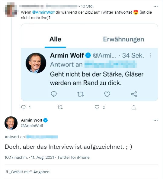 Noch während der ZIB2 antwortete Wolf auf Twitter