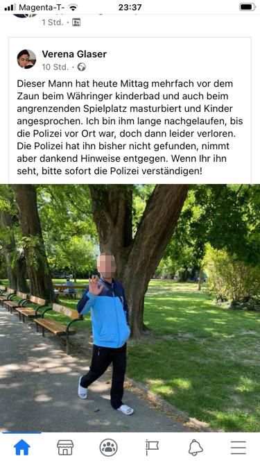Ein Mann soll in Wien bei einem Freibad Kinder ansprechen und vor ihnen masturbieren. Eine Mutter fotografierte den Unbekannten, warnt nun auf Facebook vor ihm.