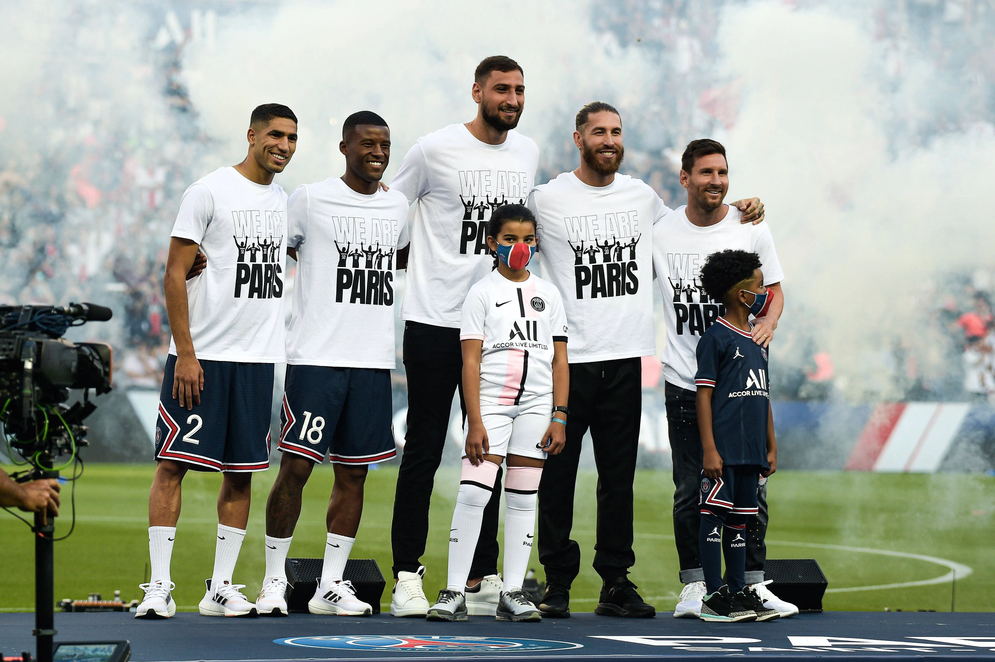 PSG-Neuzugänge Achraf Hakimi, Geogrinio Wijnaldum, Gianluigi Donnarumma, Sergio Ramos und Lionel Messi.