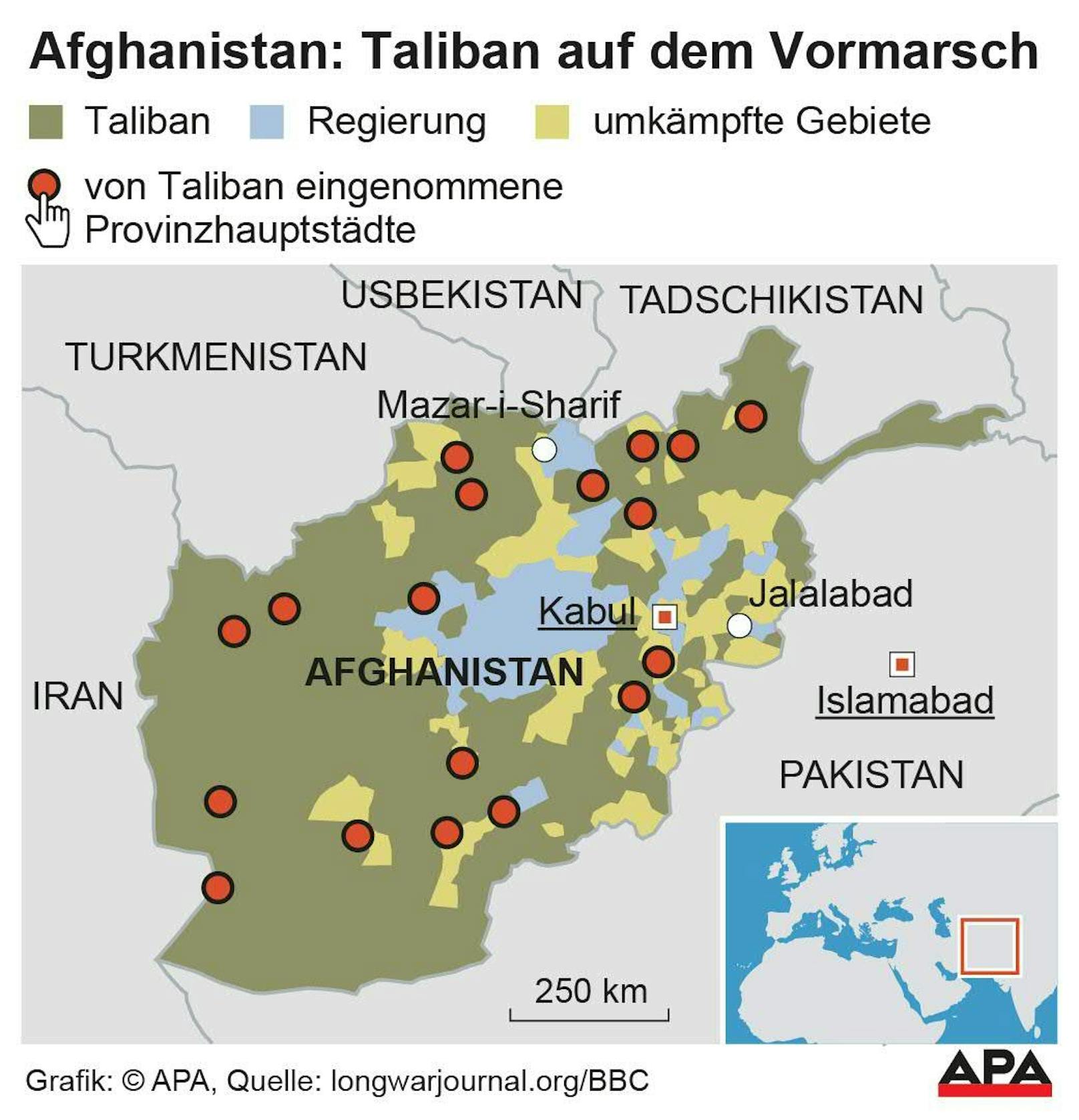 Karte mit von Taliban eingenommenen Provinzhauptstädten und kontrollierten Gebieten 