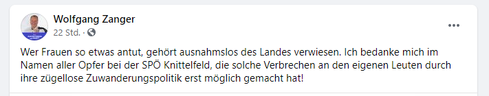 Das Facebook-Posting von Wolfgang Zanger ohne die beigefügten Bilder des mutmaßlichen Opfers