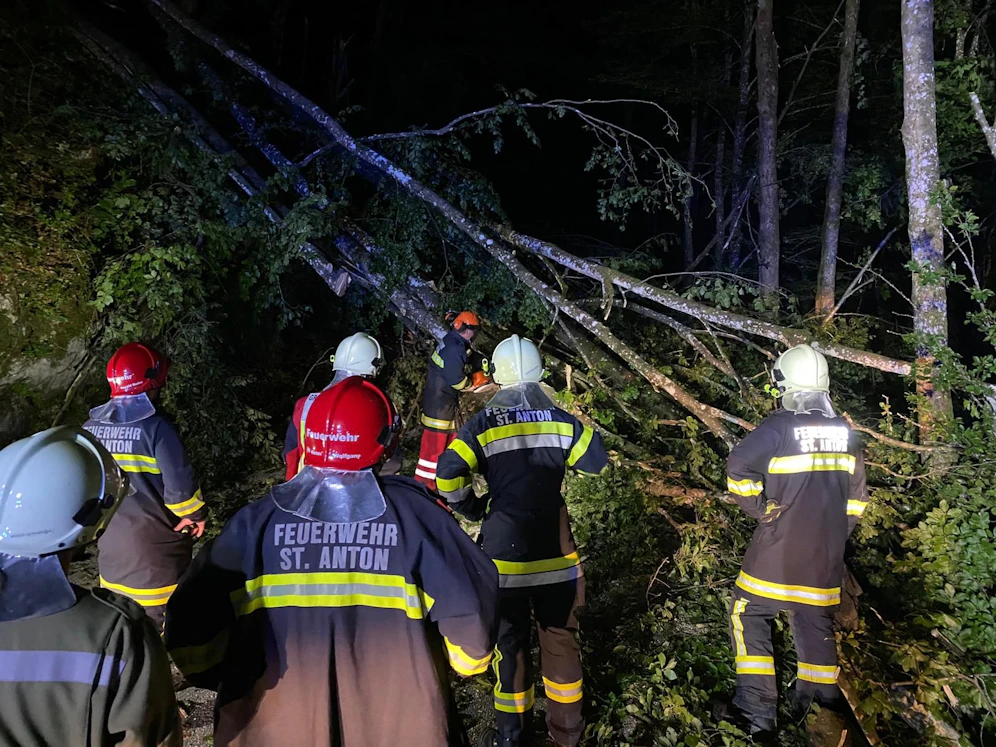 Die Feuerwehr bei den umgestürzten Bäumen.