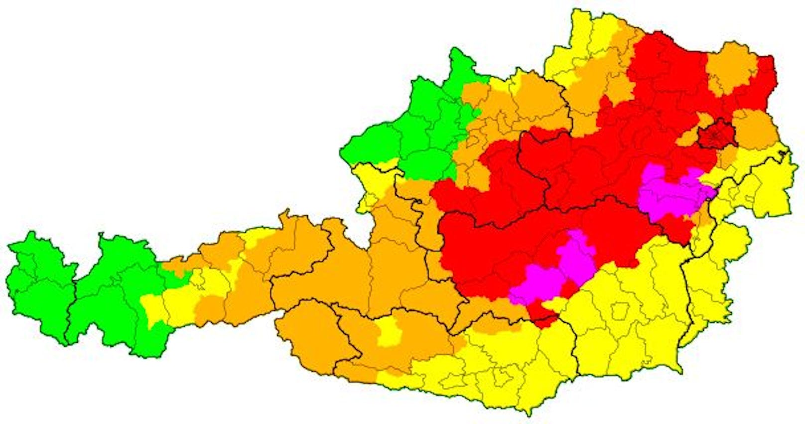 Ab <strong>20.10 Uhr</strong> galt Warnstufe Rot für ganz Wien, kurz darauf wurde im Süden Niederösterreichs die höchste Warnstufe ausgegeben.
