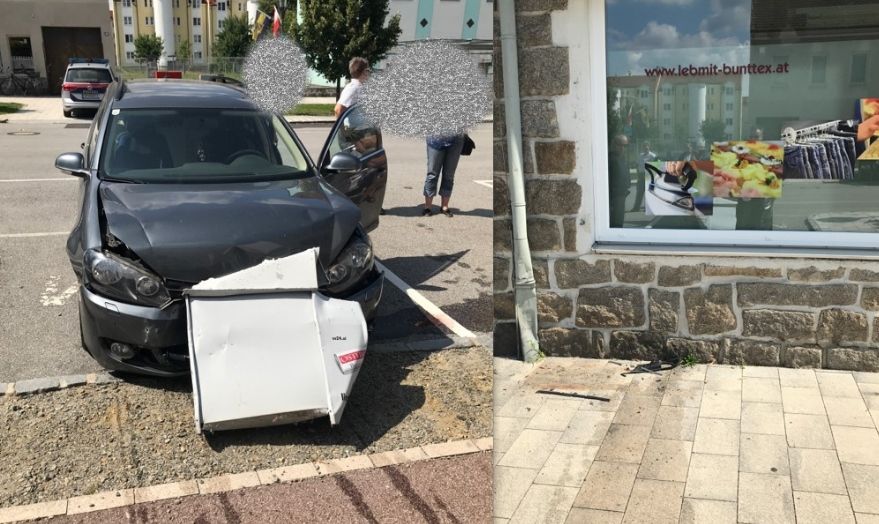 Verkehrsunfall in Gmünd: Das beschädigte Auto und die Mauer des Geschäfts