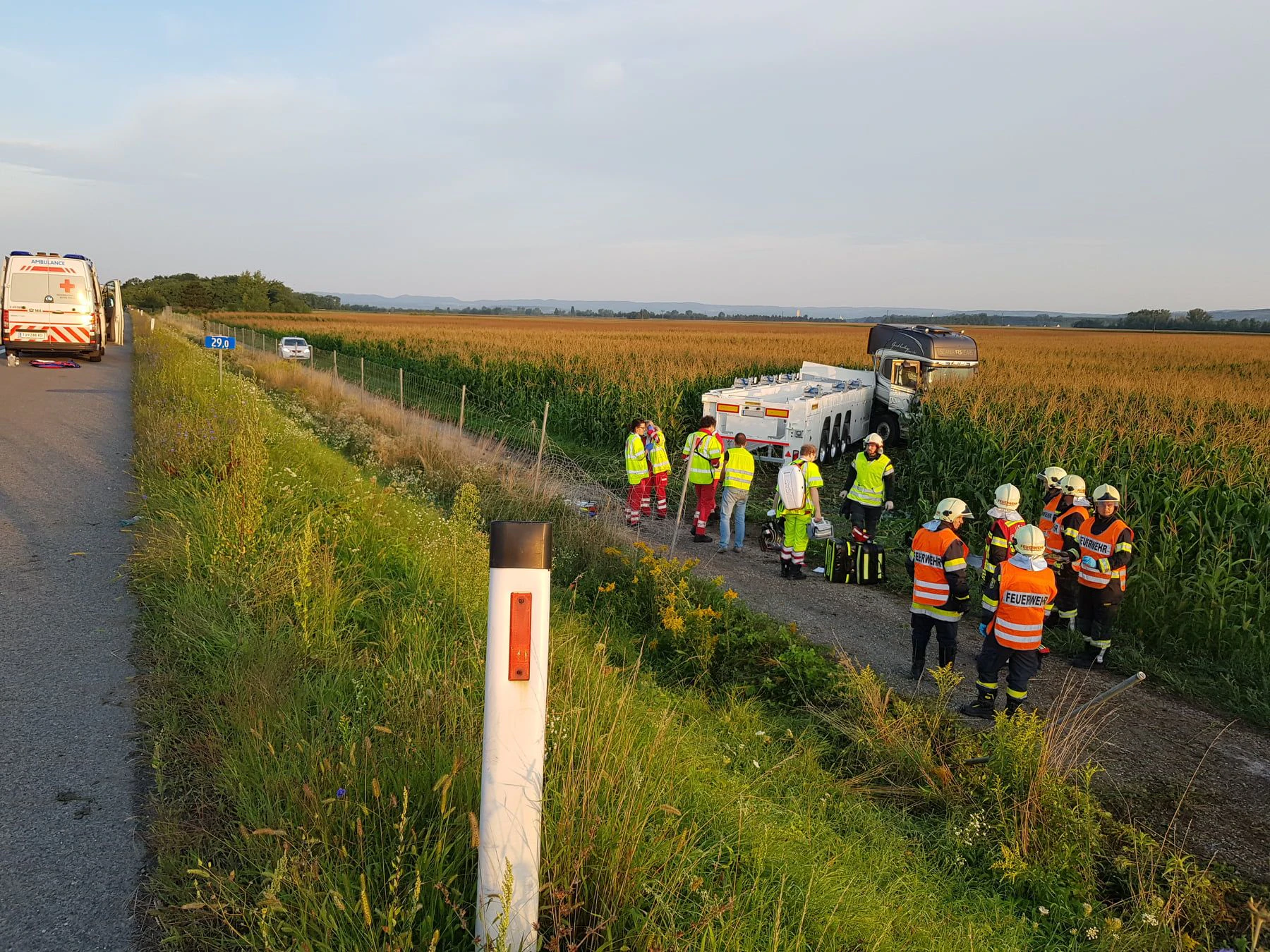 Der Sattelschlepper kam im Feld zum Stillstand.