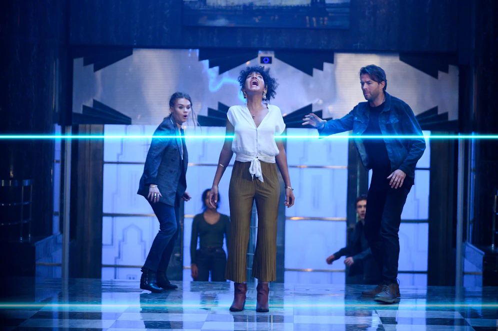 Rachel (Holland Roden), Brianna (Indya Moore) and Nathan (Thomas Cocquerel) in Escape Room 2: No Way Out.