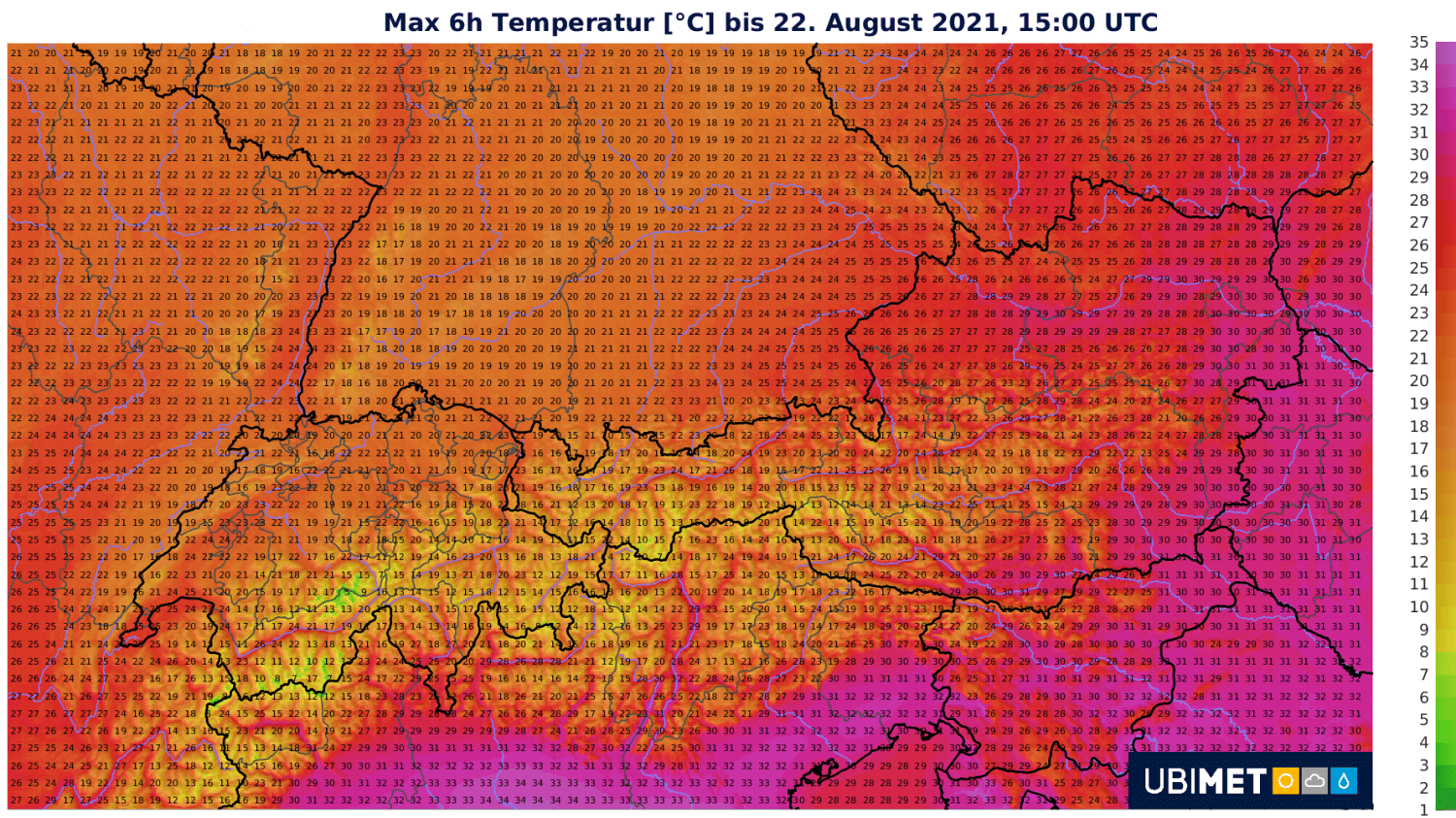 Prognose der Höchstwerte am Sonntag