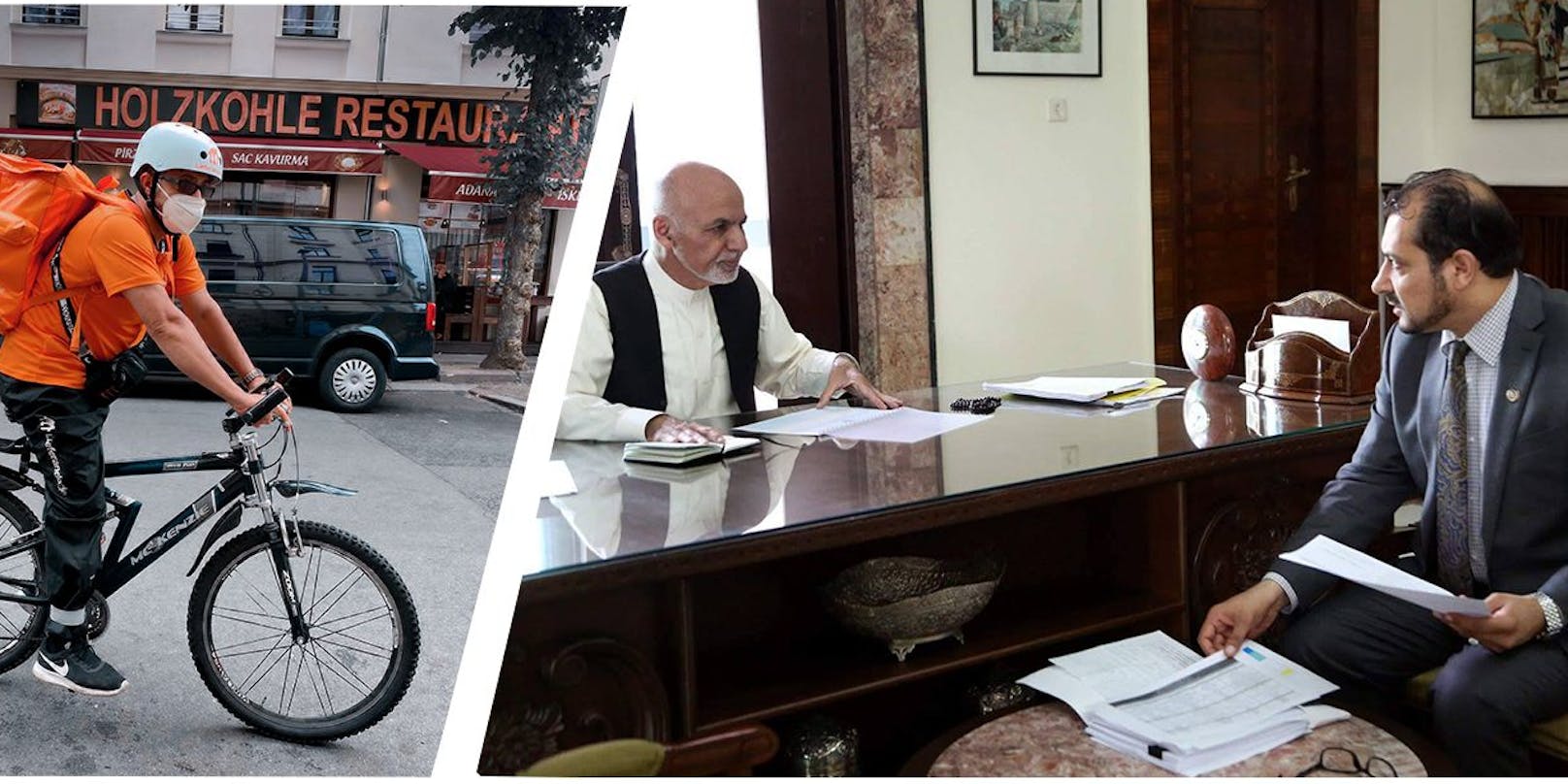 Sadaat als Essenslieferant, rechts im alten Job mit Ex-Präsident&nbsp;Ashraf Ghani