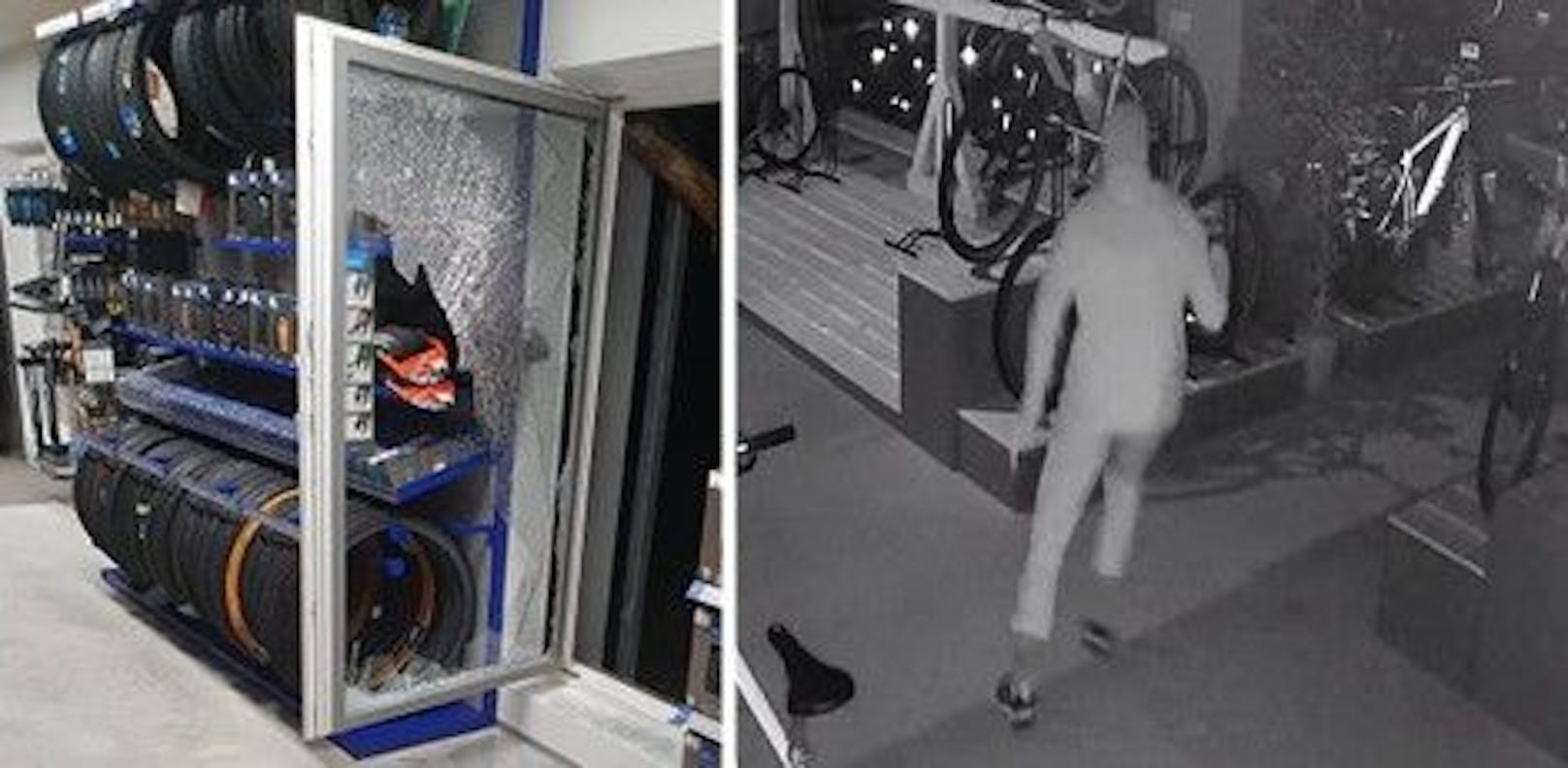 Die Kamerabilder zeigen den Einbrecher im Geschäft von Jürgen Horny. Er hatte mit einem Pflock ein Fenster eingeschlagen (links), verschaffte sich so Zutritt in den Laden.