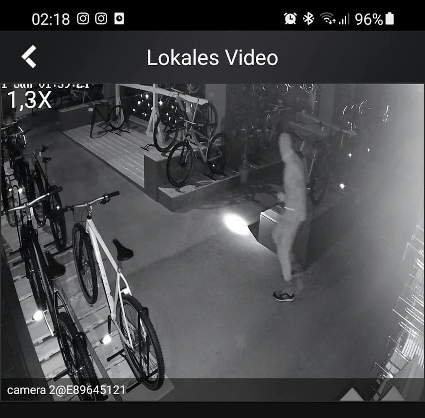 Mit einer Taschenlampe wurde der Laden ausgeleuchtet. Der Täter nahm zwei teure E-Bikes mit.