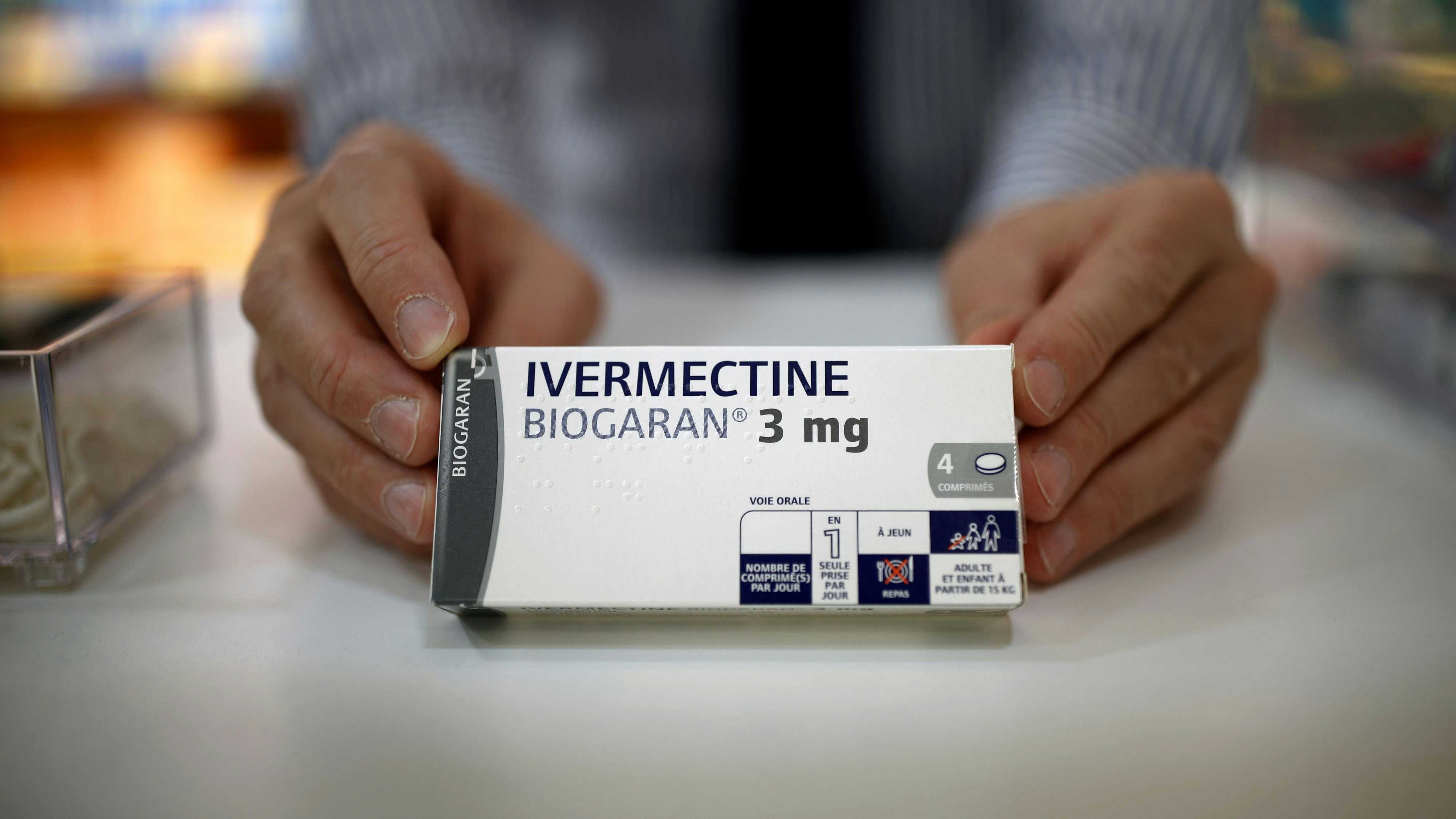 A box of the drug Ivermectine, made by Biogaran, is pictured on the counter of a pharmacy, as the spread of the coronavirus disease (COVID-19) continues, in Paris, France, April 28, 2020. REUTERS/Benoit Tessier