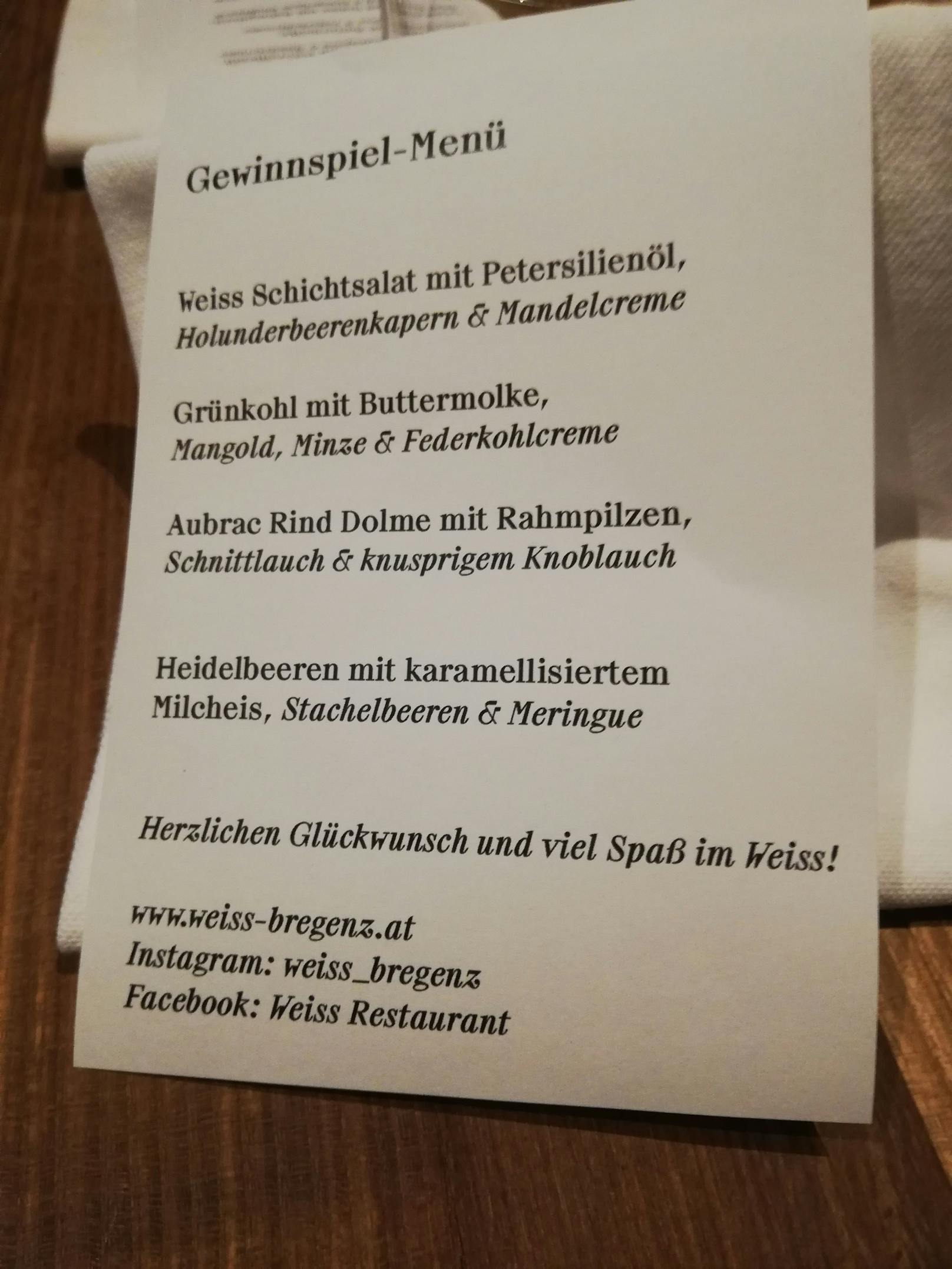 Das Menü für Gewinner: Das gab es beim Abendessen im Restaurant Weiss in Bregenz.