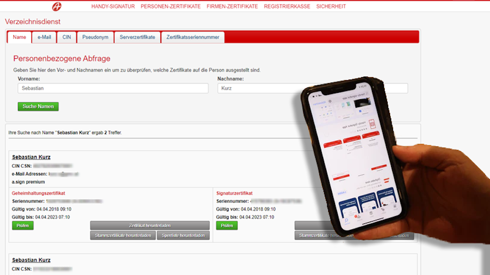 Ein Beispiel der abrufbaren Daten der Handysignatur (es handelt sich hier nicht um den Bundeskanzler)