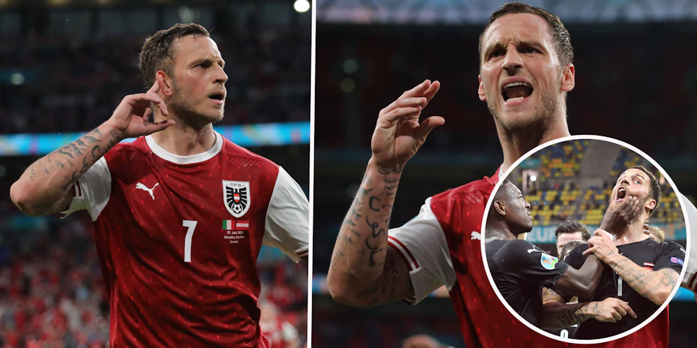 Marko Arnautovic köpfte Österreich im EM-Achtelfinale vermeintlich zur Führung gegen Italien, hatte beim Torjubel eine Botschaft an einige Fans. Rechts: Sein Jubel gegen Nordmazedonien, für den er gesperrt wurde.