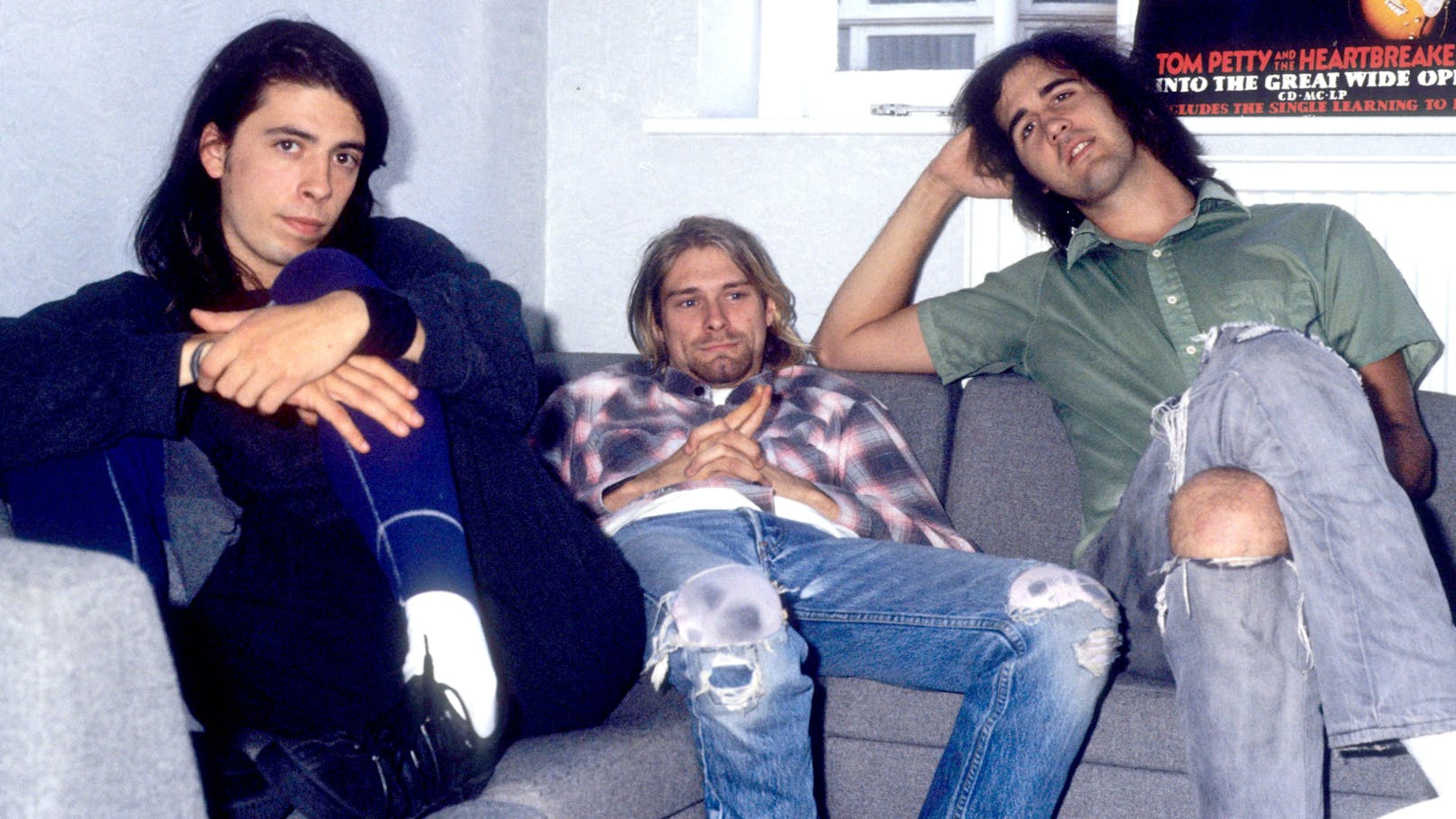 20. August 1991: <strong>Dave Grohl</strong>, <strong>Kurt Cobain</strong> und <strong>Krist Novoselic</strong> von Nirvana bei einem Interview zum Europa-Release ihres Albums "Nevermind".