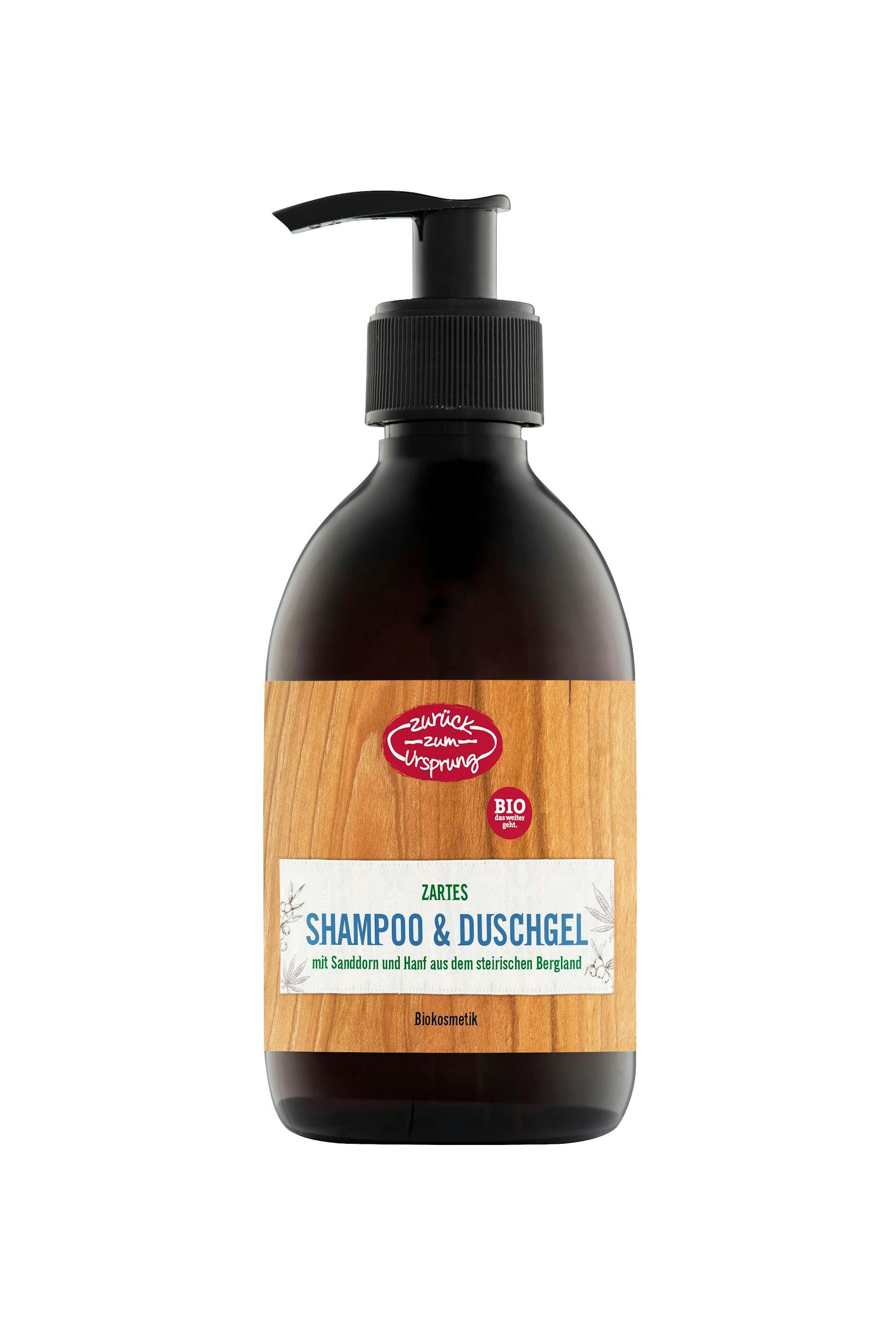<strong>Bio-Shampoo &amp; Duschgel:</strong> Mit Bio-Sanddorn und Bio-Hanföl, für die Pflege von strapaziertem Haar und trockener Haut, 300 ml, um 5,99 Euro.