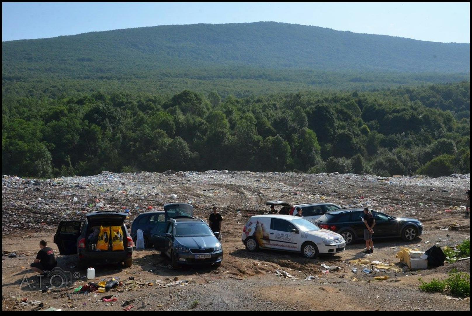 Umrandet ist der Berg aus Plastik &amp; Co. von einem dichten Wald.