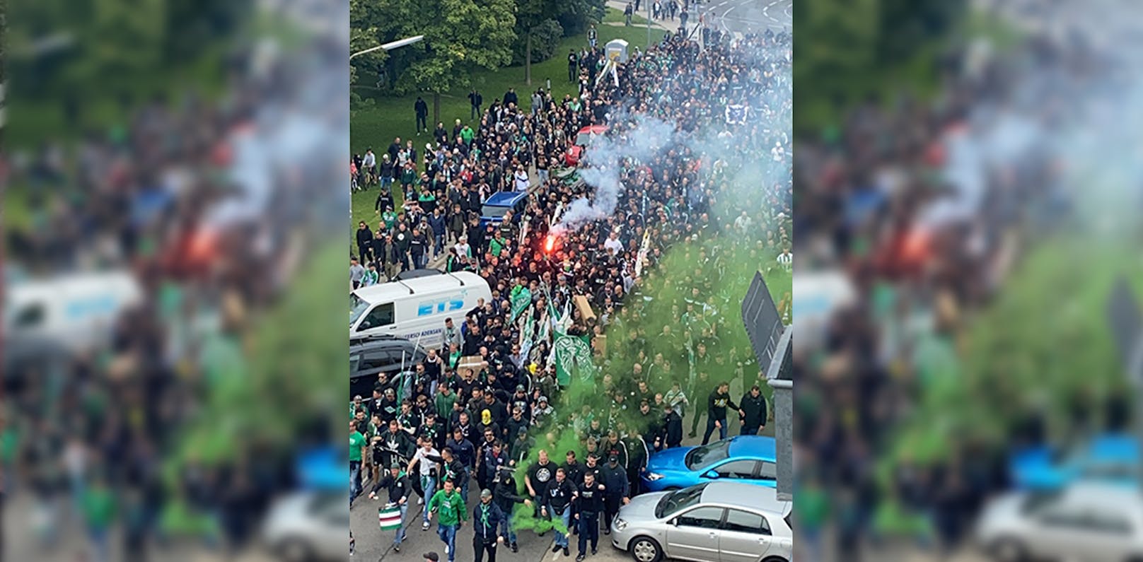 Rapid-Fans marschierten im Großaufgebot durch Wiens Straßen. 